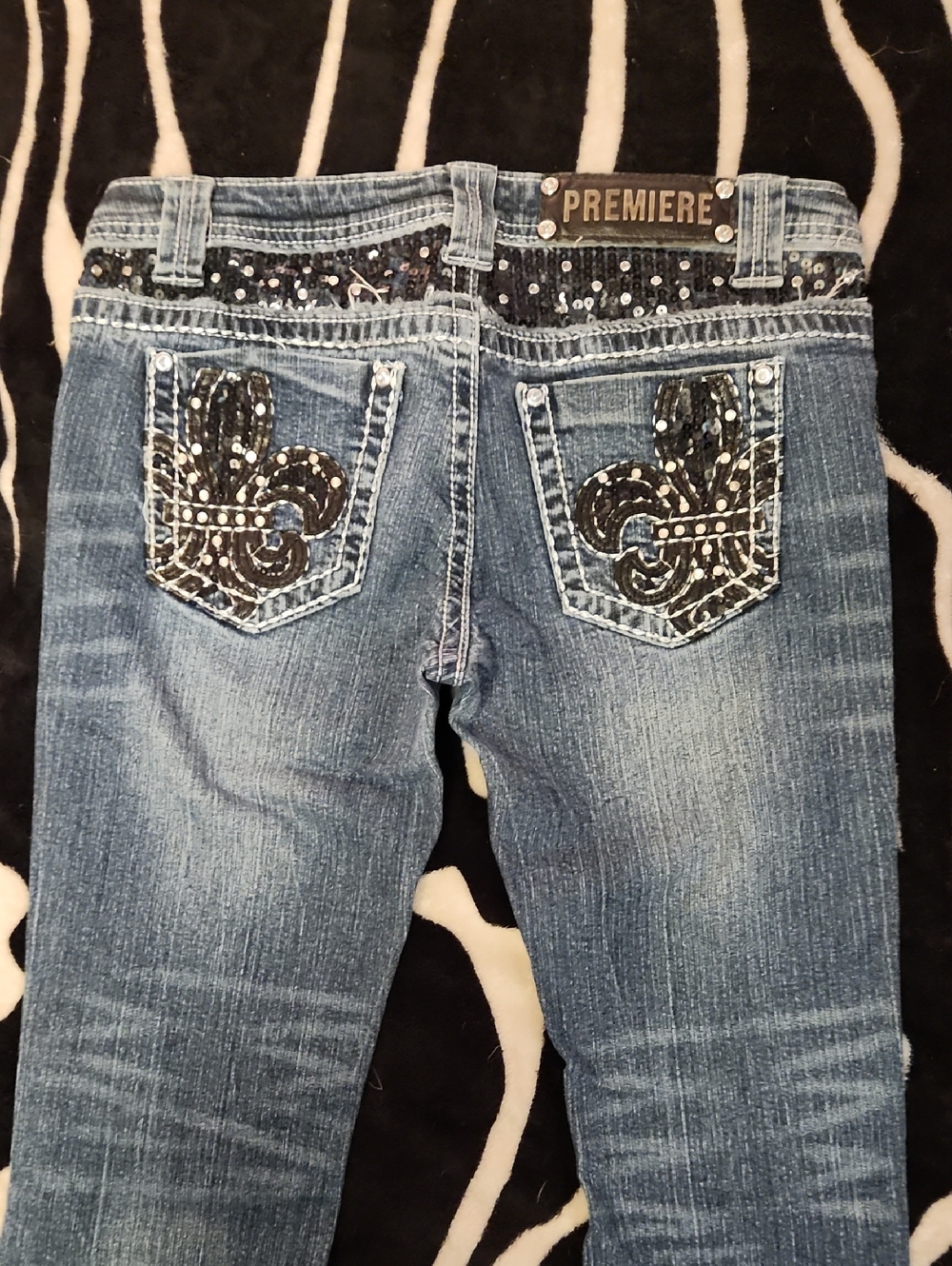 Premier Women’s Skinny Jeans with Black Sequin Fleur-de-Lis Detail